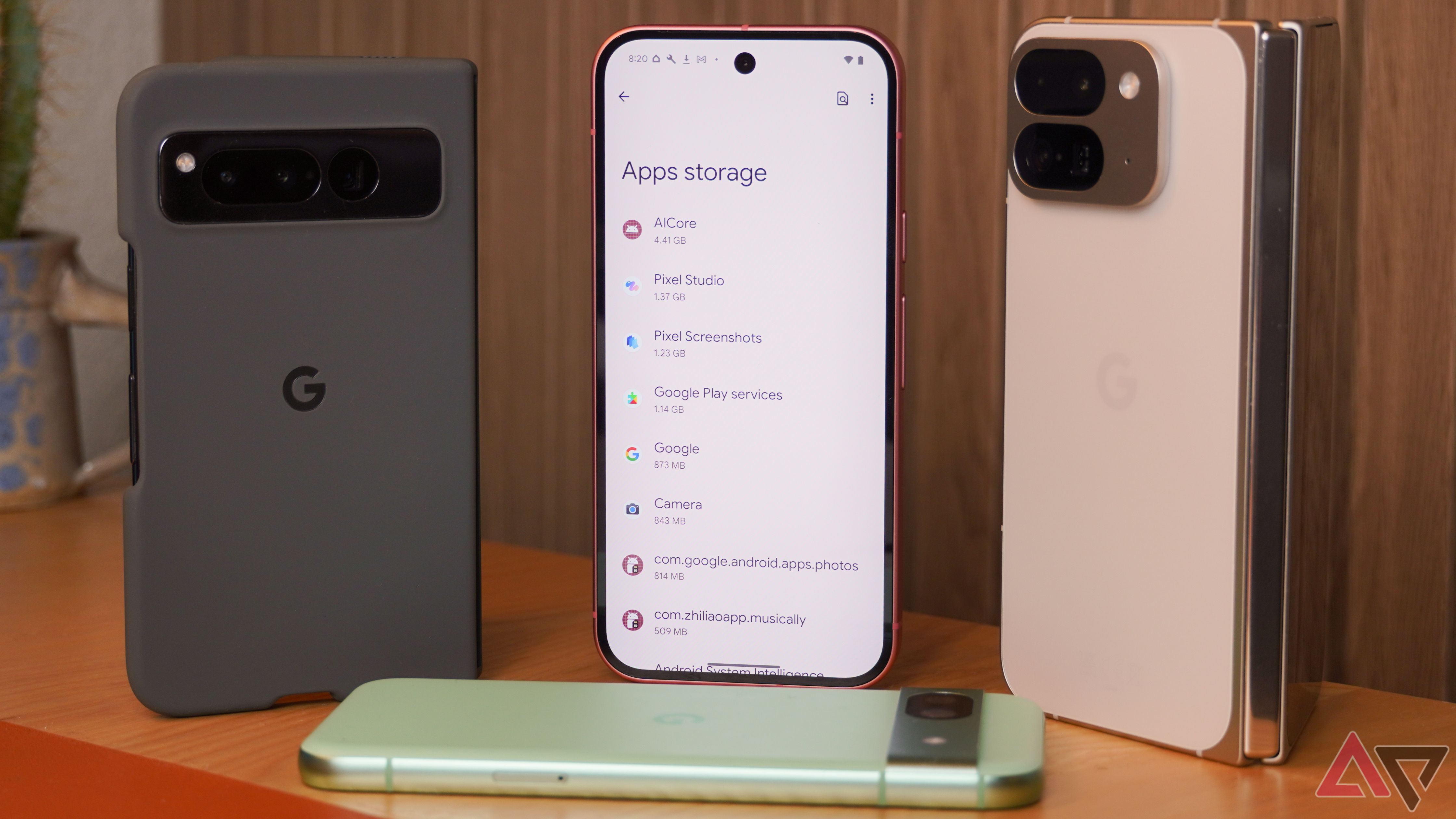 A collection of Pixels around the Pixel 9 showing the storage page.