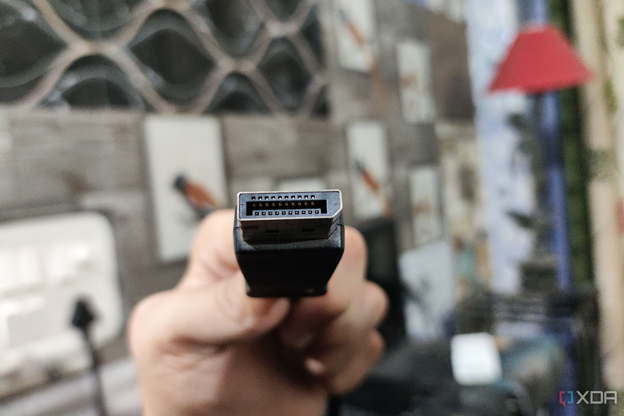 A picture of a DisplayPort cable showing its 20-pin design